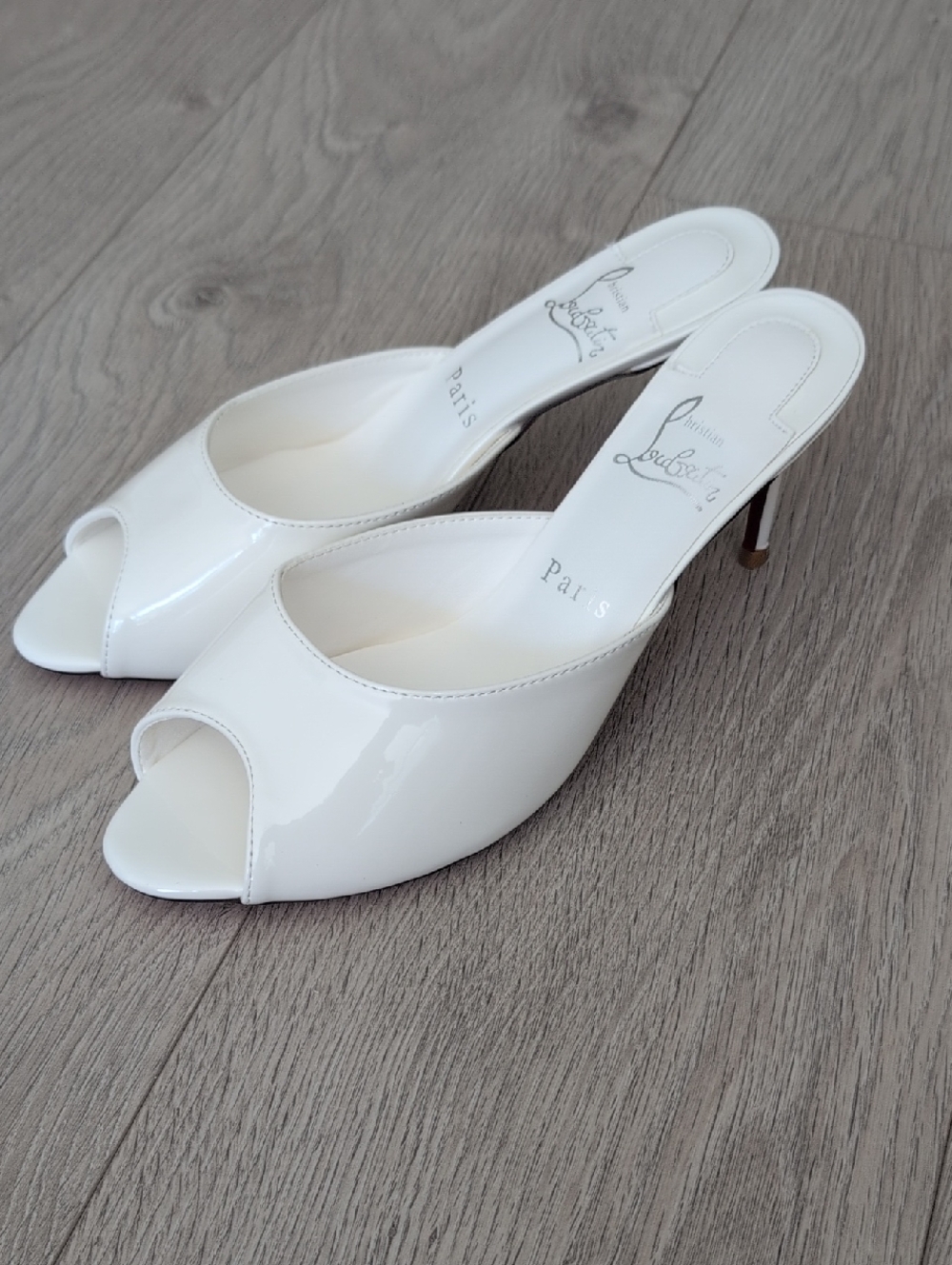 White Patent Peep-Toe Stiletto Mule Heels